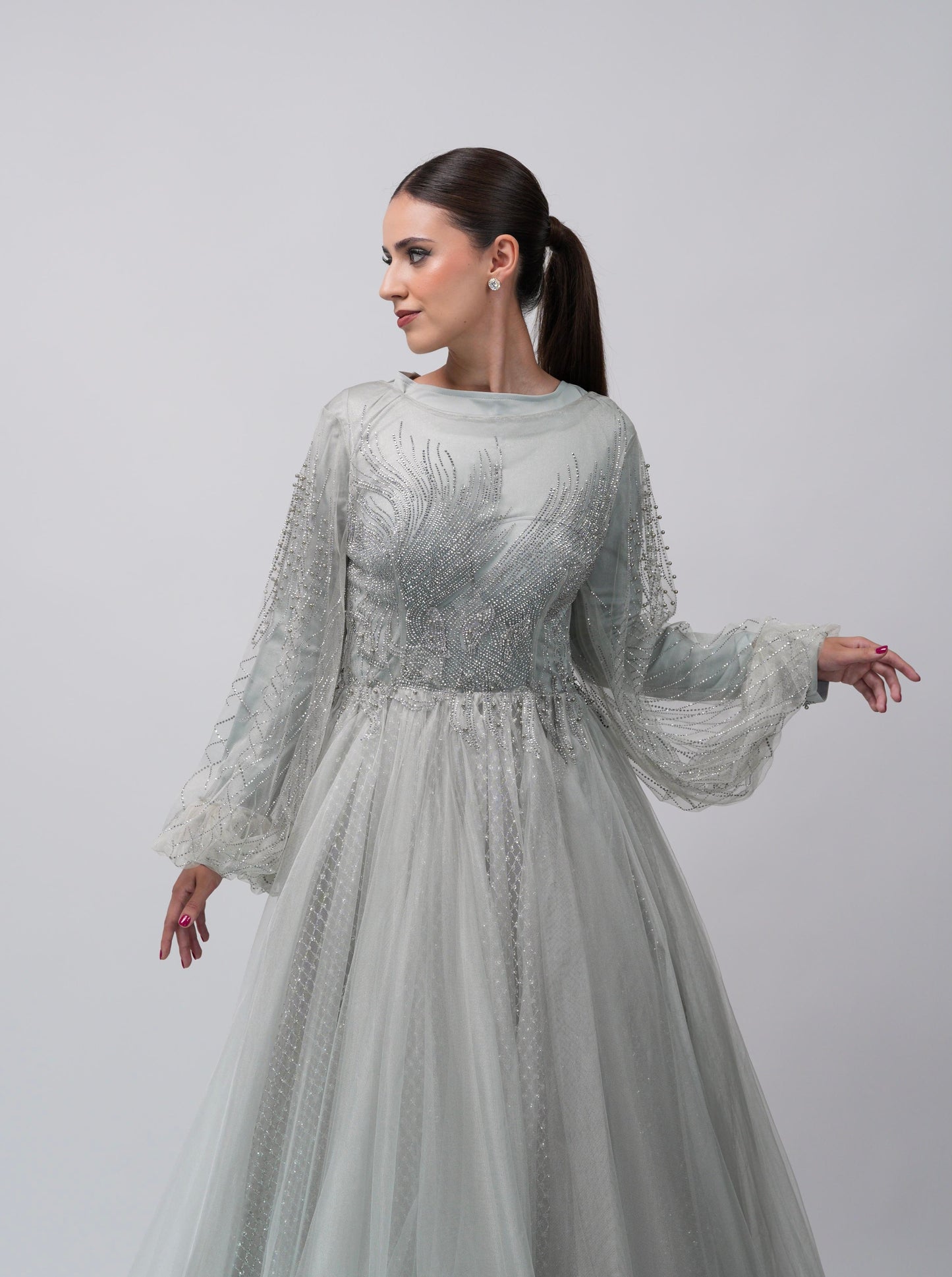 Vestido Plata Corte Princesa Detalle en Abdomen y Manga Larga