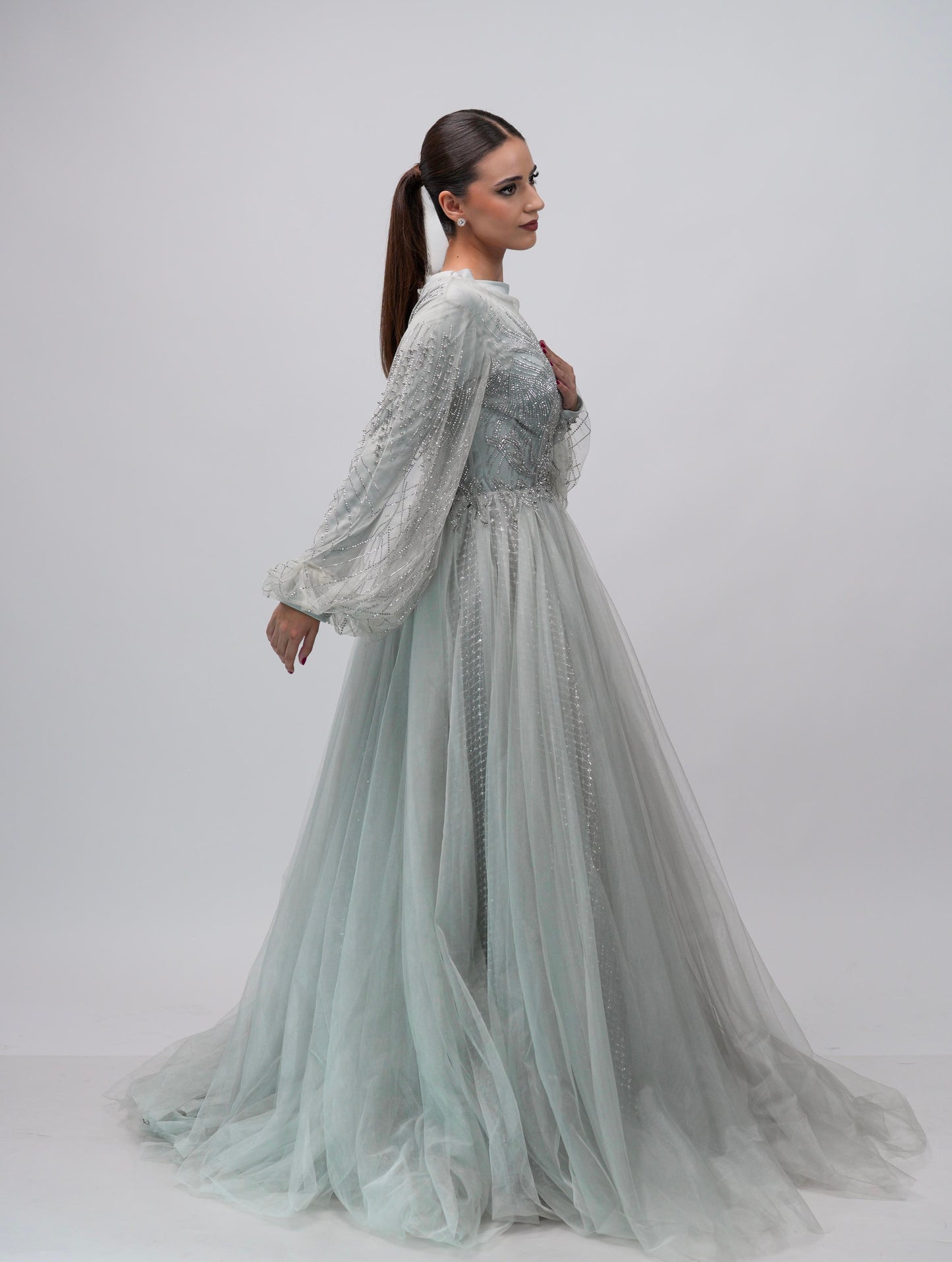 Vestido Plata Corte Princesa Detalle en Abdomen y Manga Larga