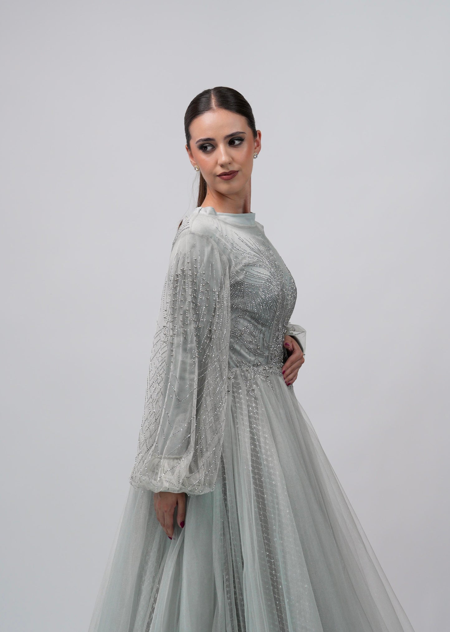 Vestido Plata Corte Princesa Detalle en Abdomen y Manga Larga