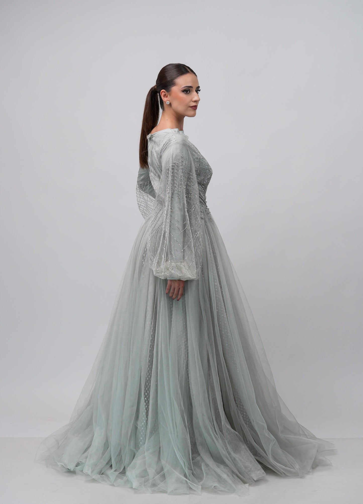 Vestido Plata Corte Princesa Detalle en Abdomen y Manga Larga