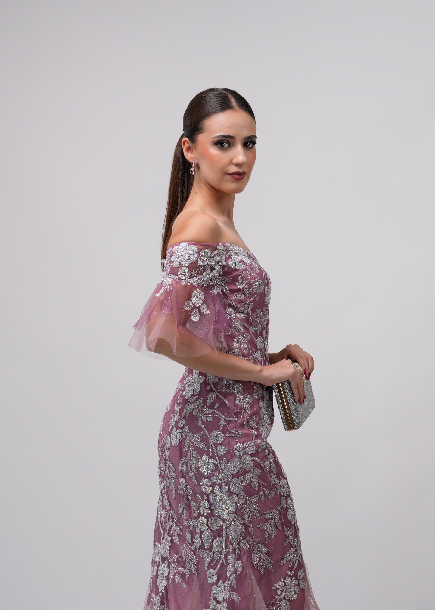 Vestido Rosa Corte Sirena Detalles Plateados
