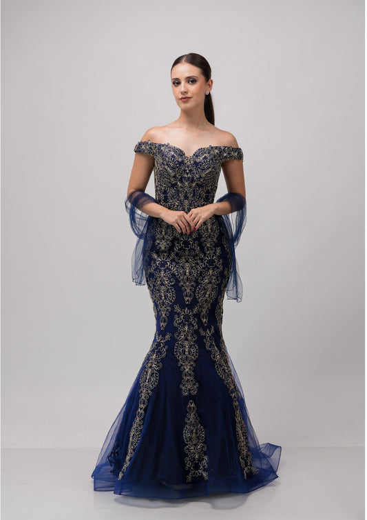Vestido Azul Marino Corte Sirena Detalles Dorados