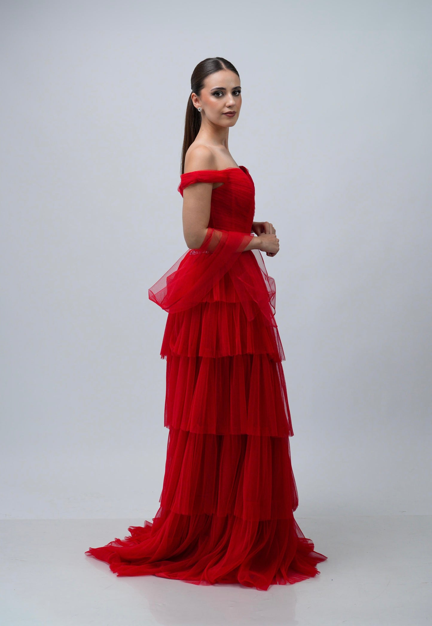 Vestido Rojo Ampon Cinto De Brillos Manga Caida