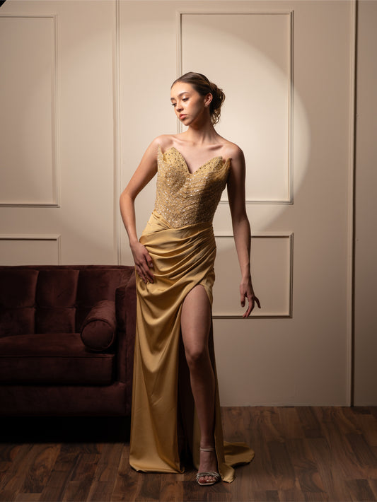 Vestido Amarillo Pastel Straple Piedras En Corset