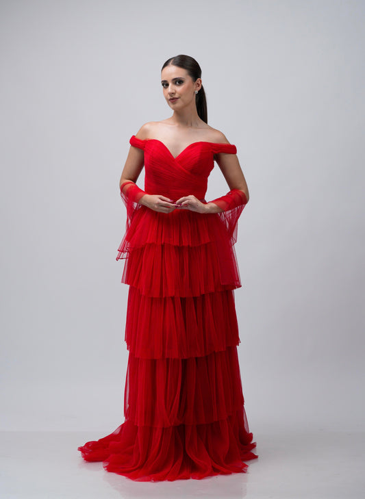 Vestido Rojo Ampon Cinto De Brillos Manga Caida