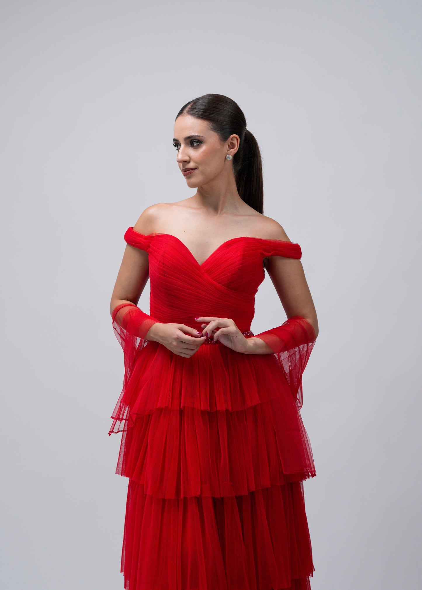 Vestido Rojo Ampon Cinto De Brillos Manga Caida
