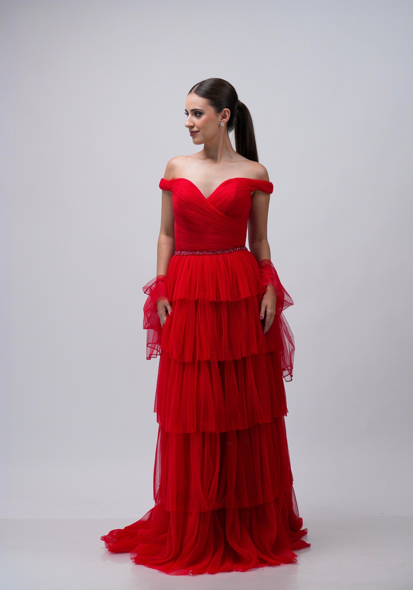 Vestido Rojo Ampon Cinto De Brillos Manga Caida