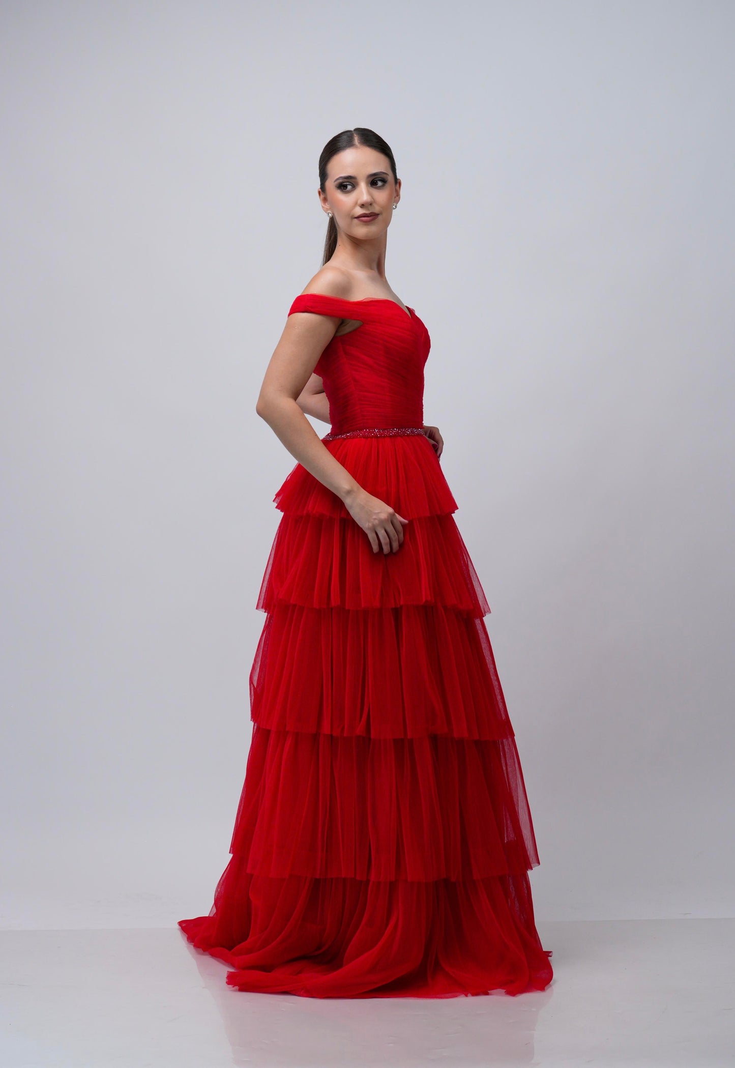 Vestido Rojo Ampon Cinto De Brillos Manga Caida