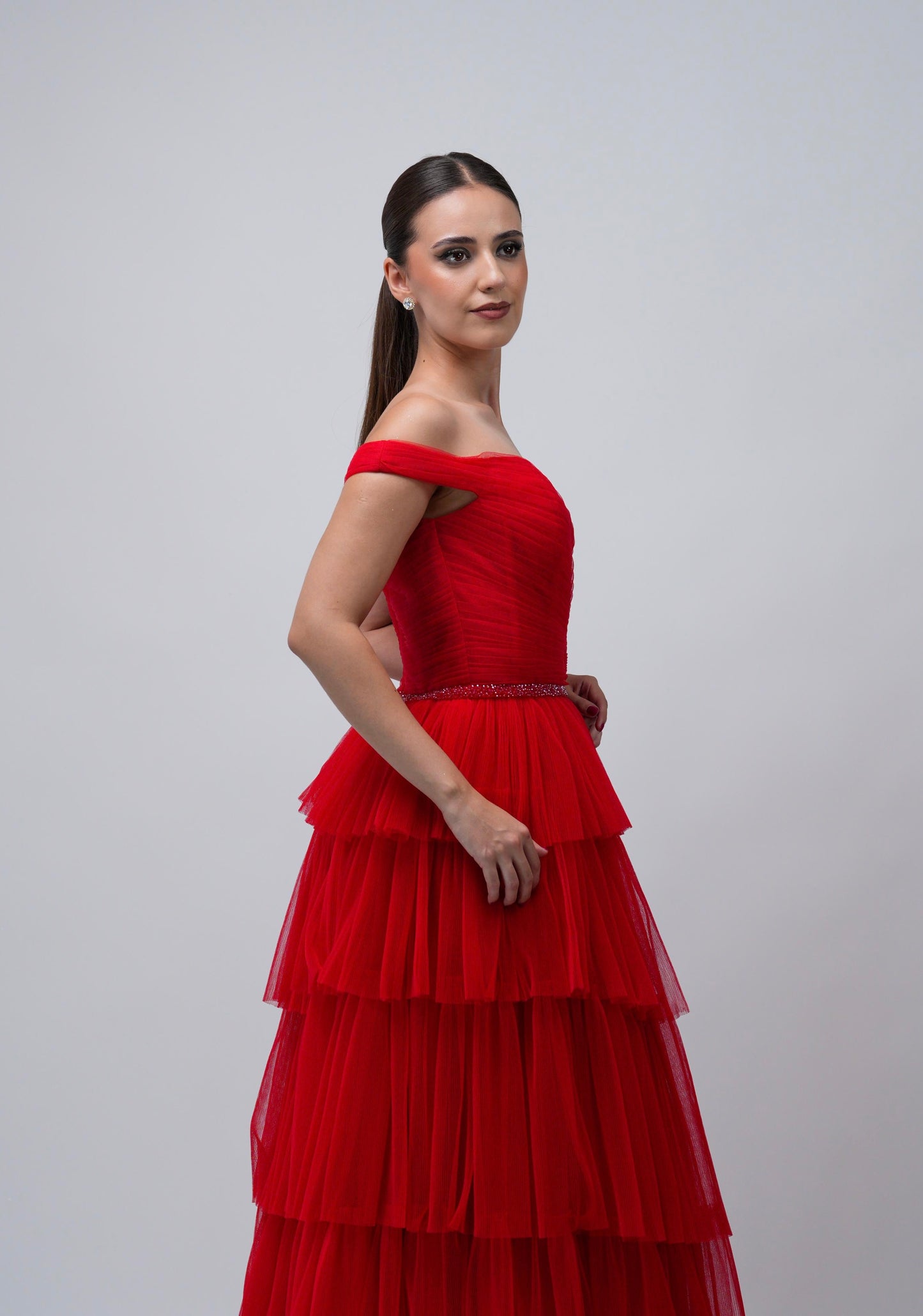 Vestido Rojo Ampon Cinto De Brillos Manga Caida