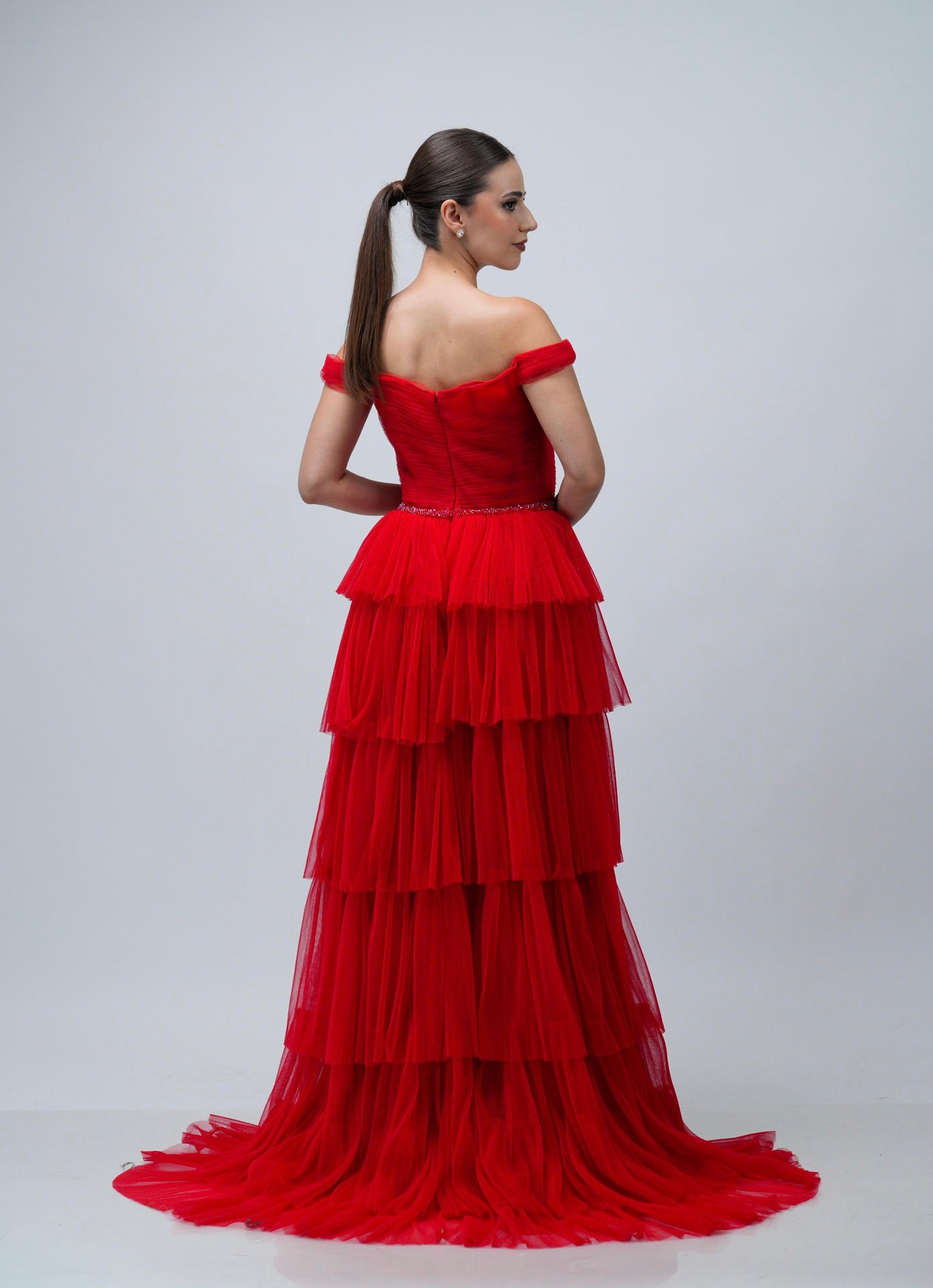 Vestido Rojo Ampon Cinto De Brillos Manga Caida