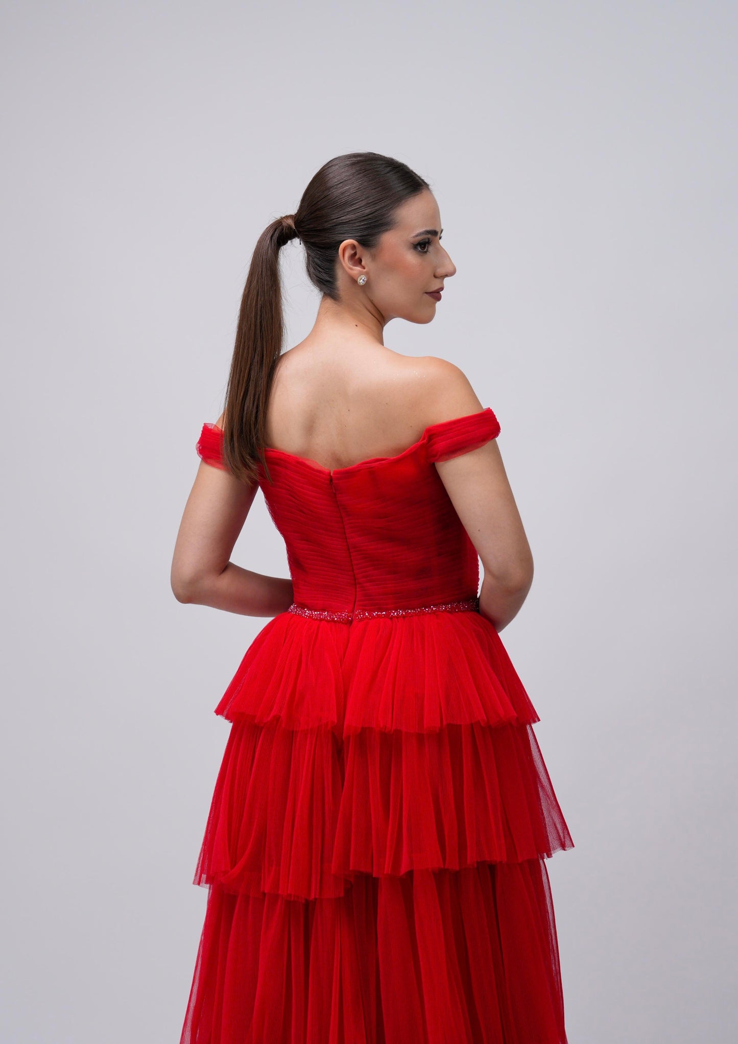 Vestido Rojo Ampon Cinto De Brillos Manga Caida