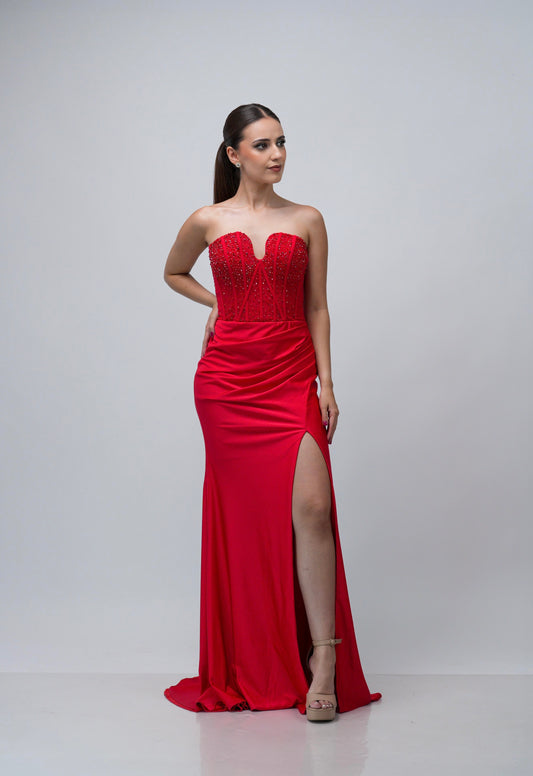 Vestido Rojo Straple Corazon Lentejuela En Abdomen