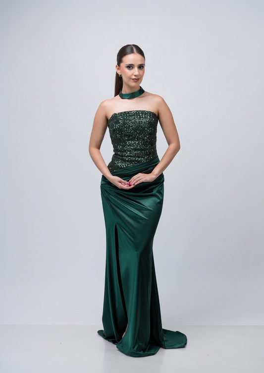 Vestido Straple Lentejuela En Pecho Falda Lisa