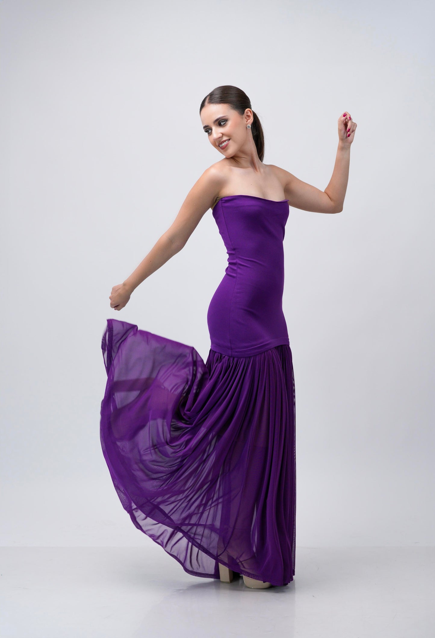 Vestido Morado Straple Falda Tablones