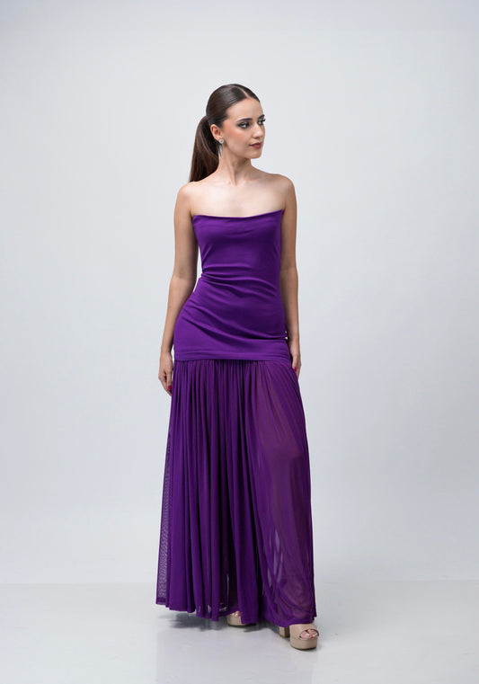 Vestido Morado Straple Falda Tablones