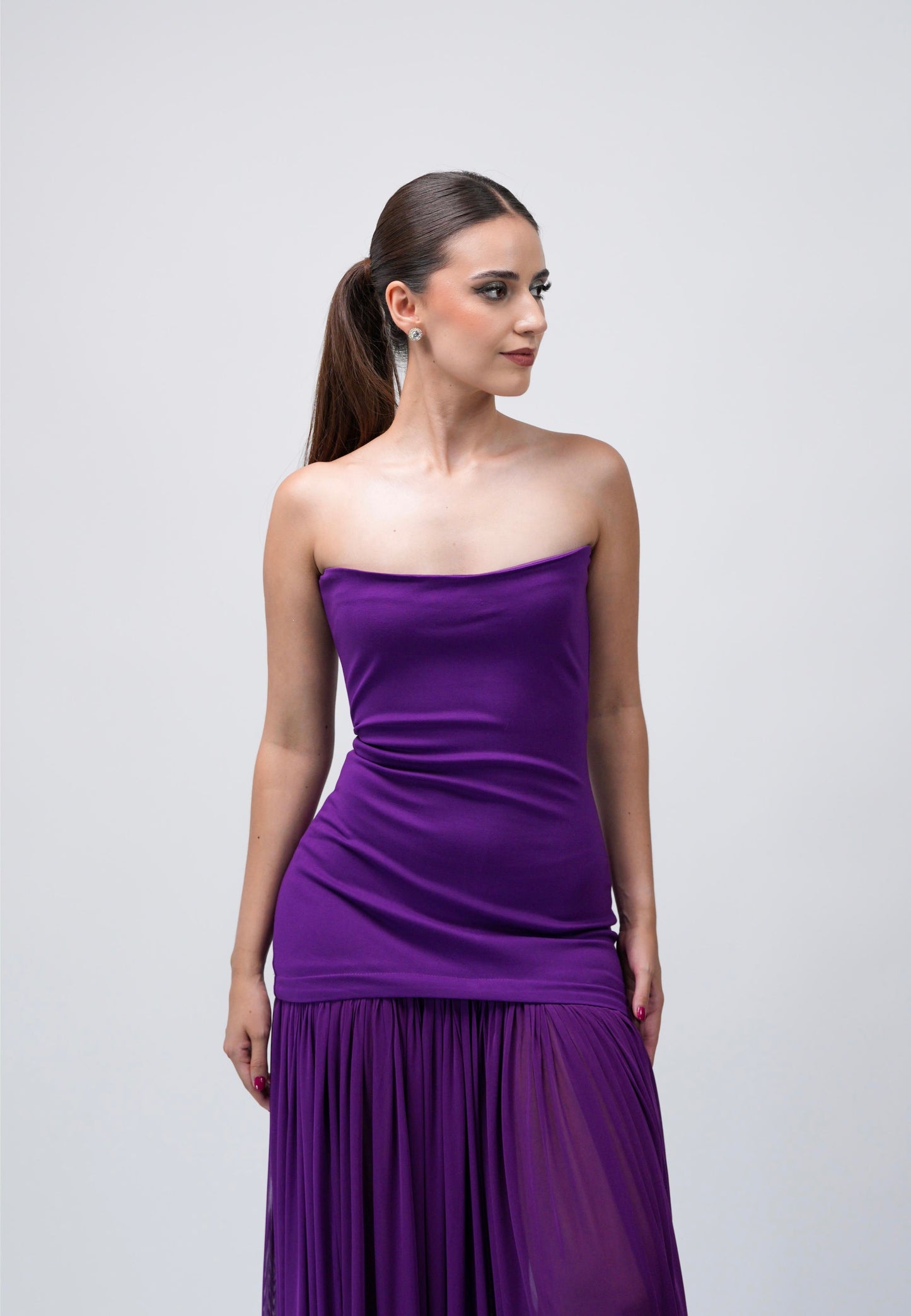 Vestido Morado Straple Falda Tablones