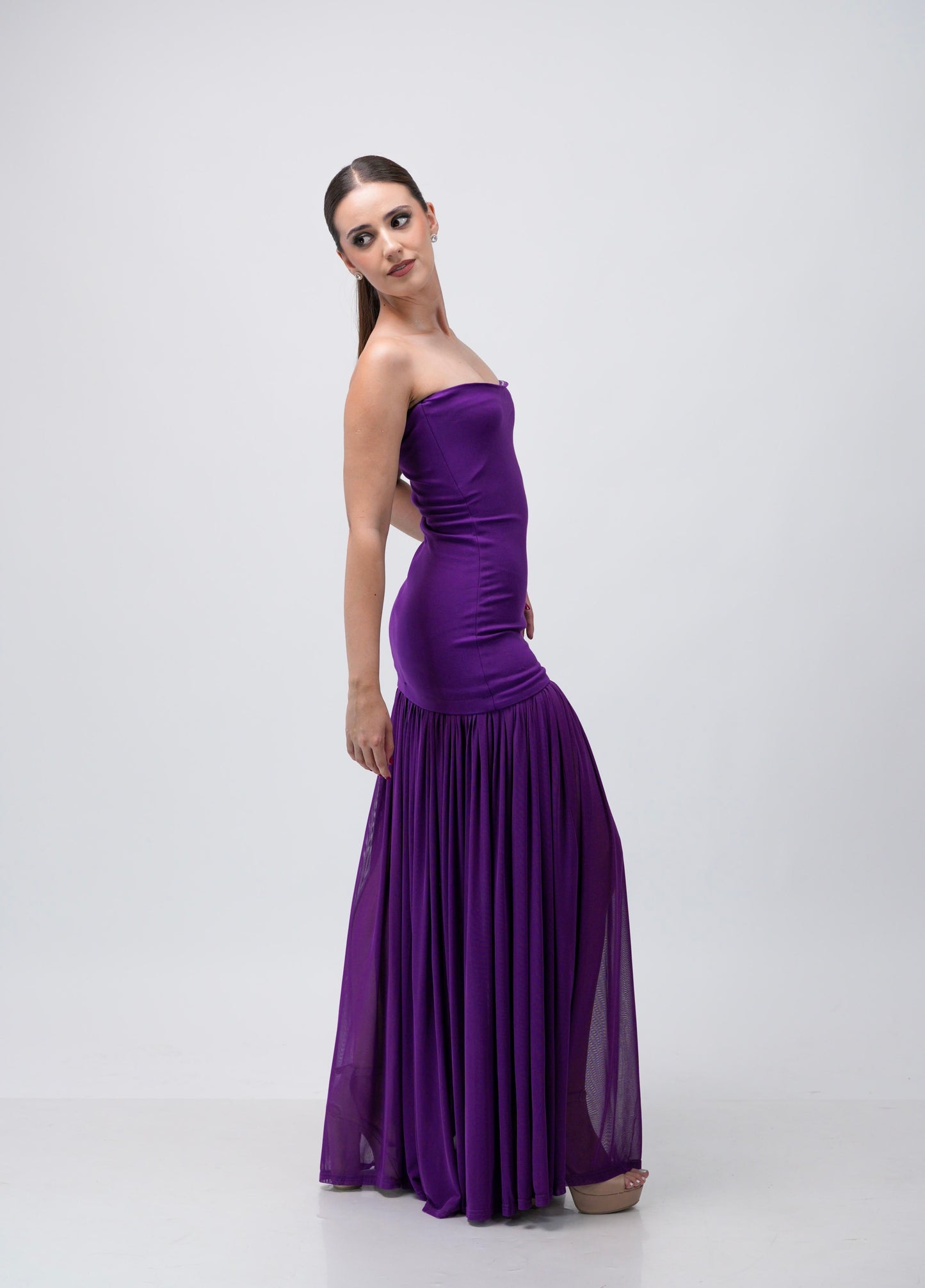 Vestido Morado Straple Falda Tablones