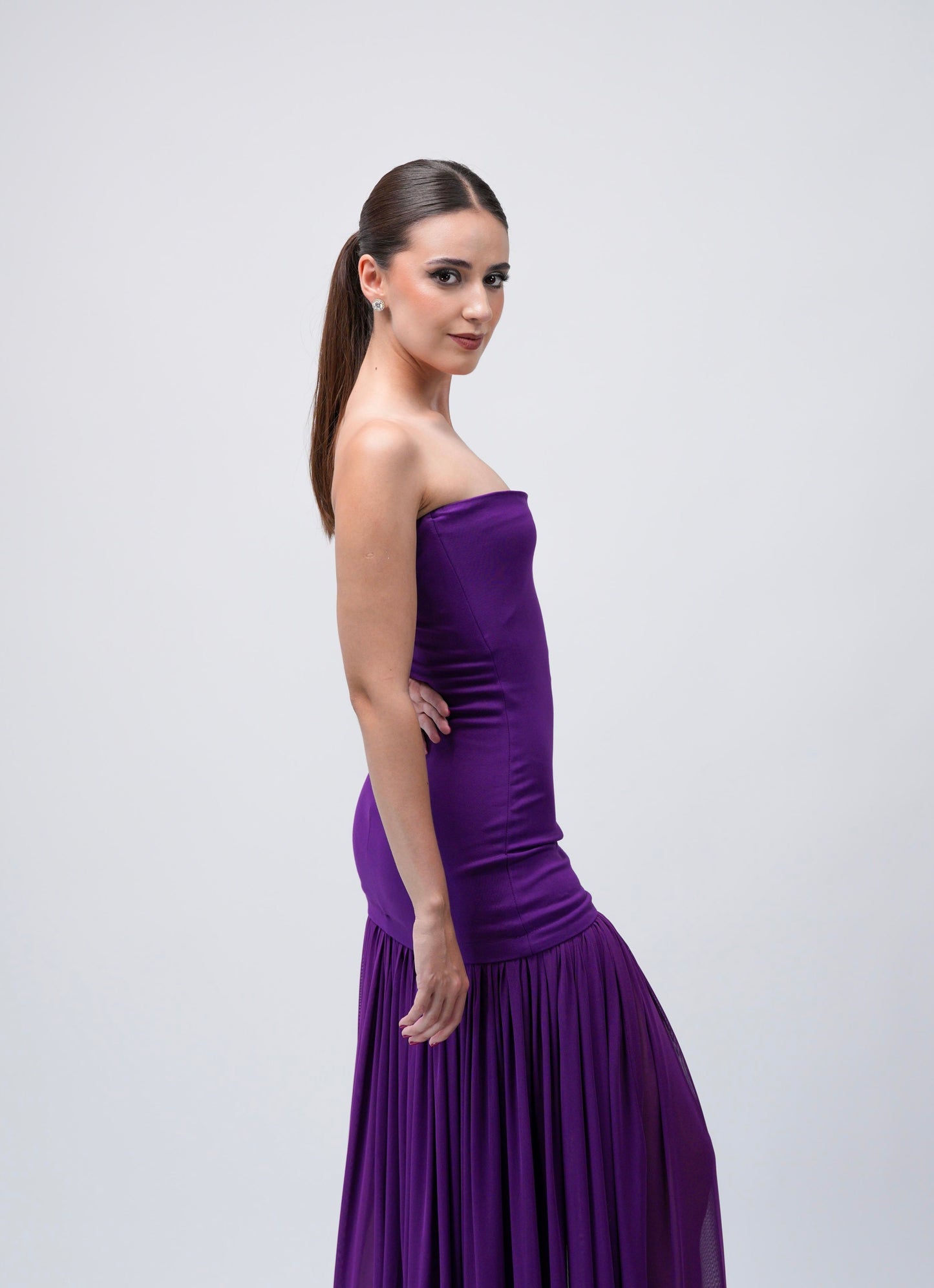 Vestido Morado Straple Falda Tablones
