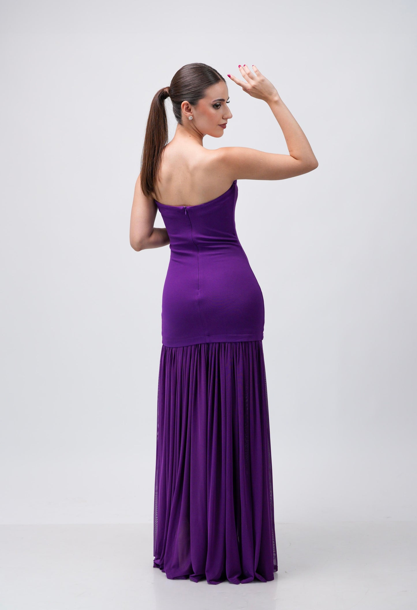 Vestido Morado Straple Falda Tablones