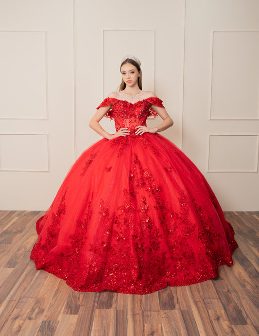 Vestido de XV Años Rojo Flores y Pedrería Manga Caída y Cauda