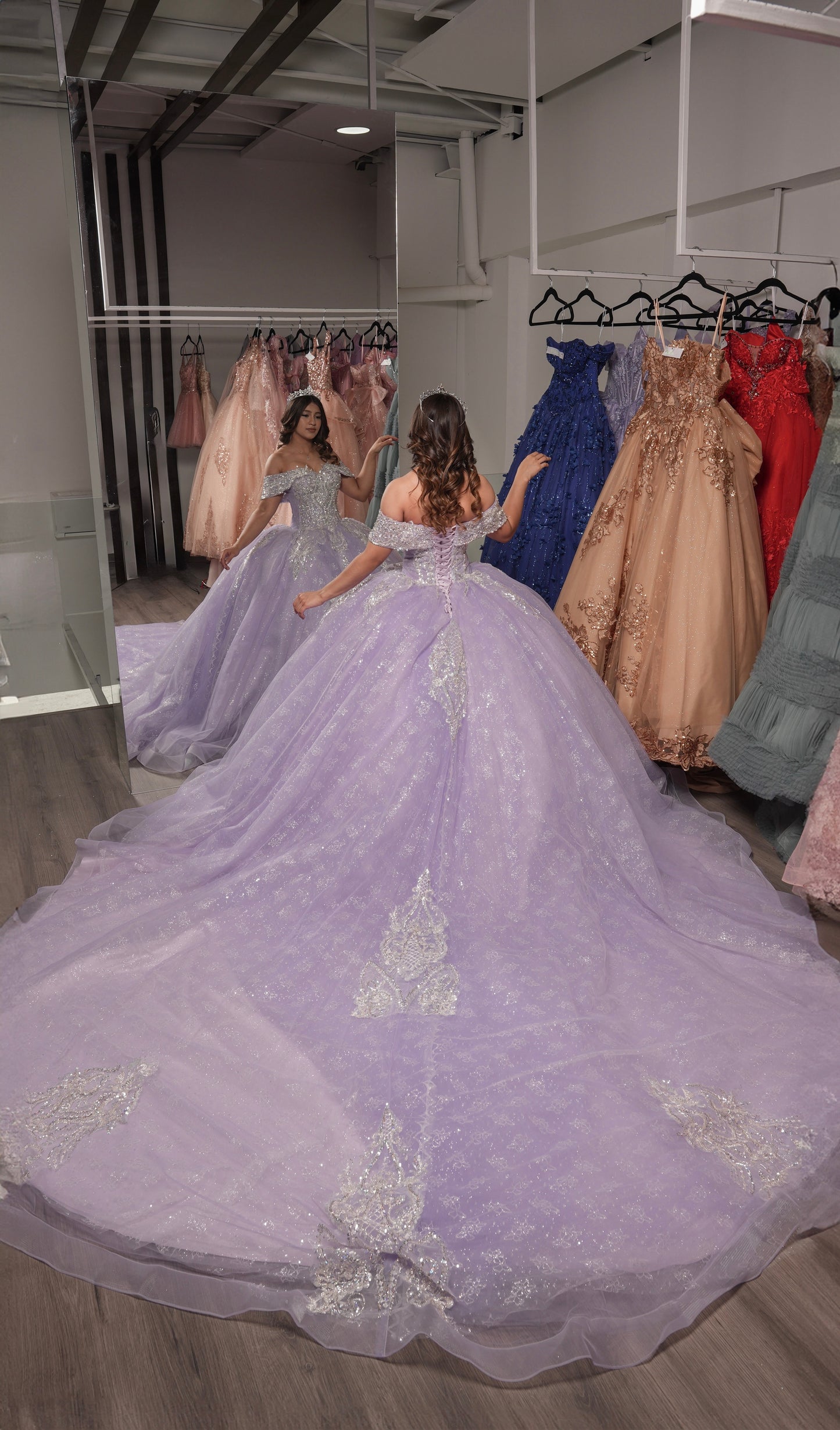 Vestido de XV Años Lila Pedrería Plata Mangas Campesinas