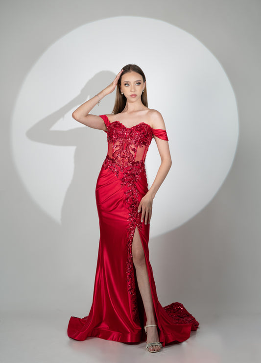 Vestido Rojo Manga Caida Diseño En Corset