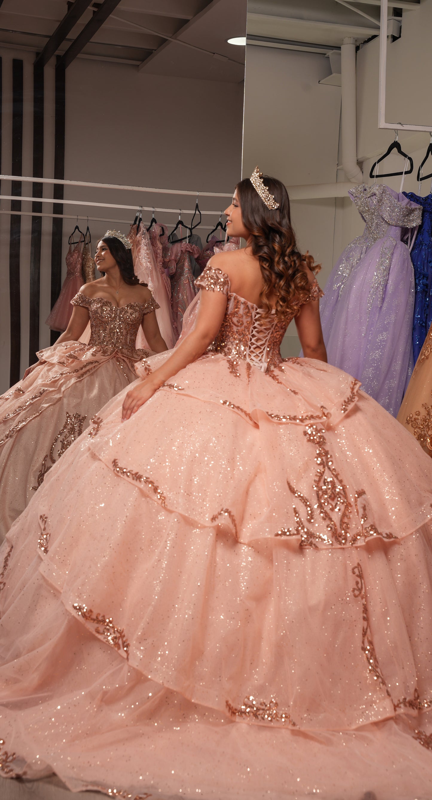 Vestido de XV Años Dorado Lentejuela Olanes