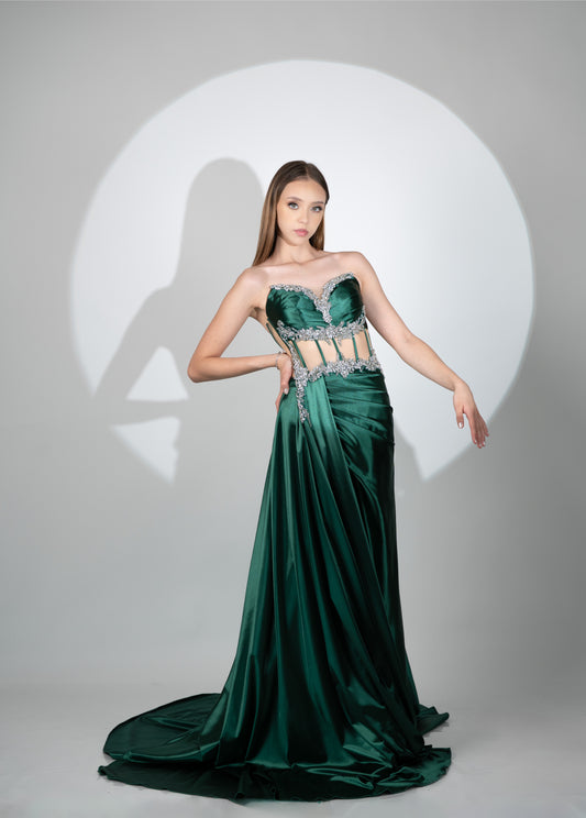 Vestido Straple Pedreria Plateada Corset Y Banda