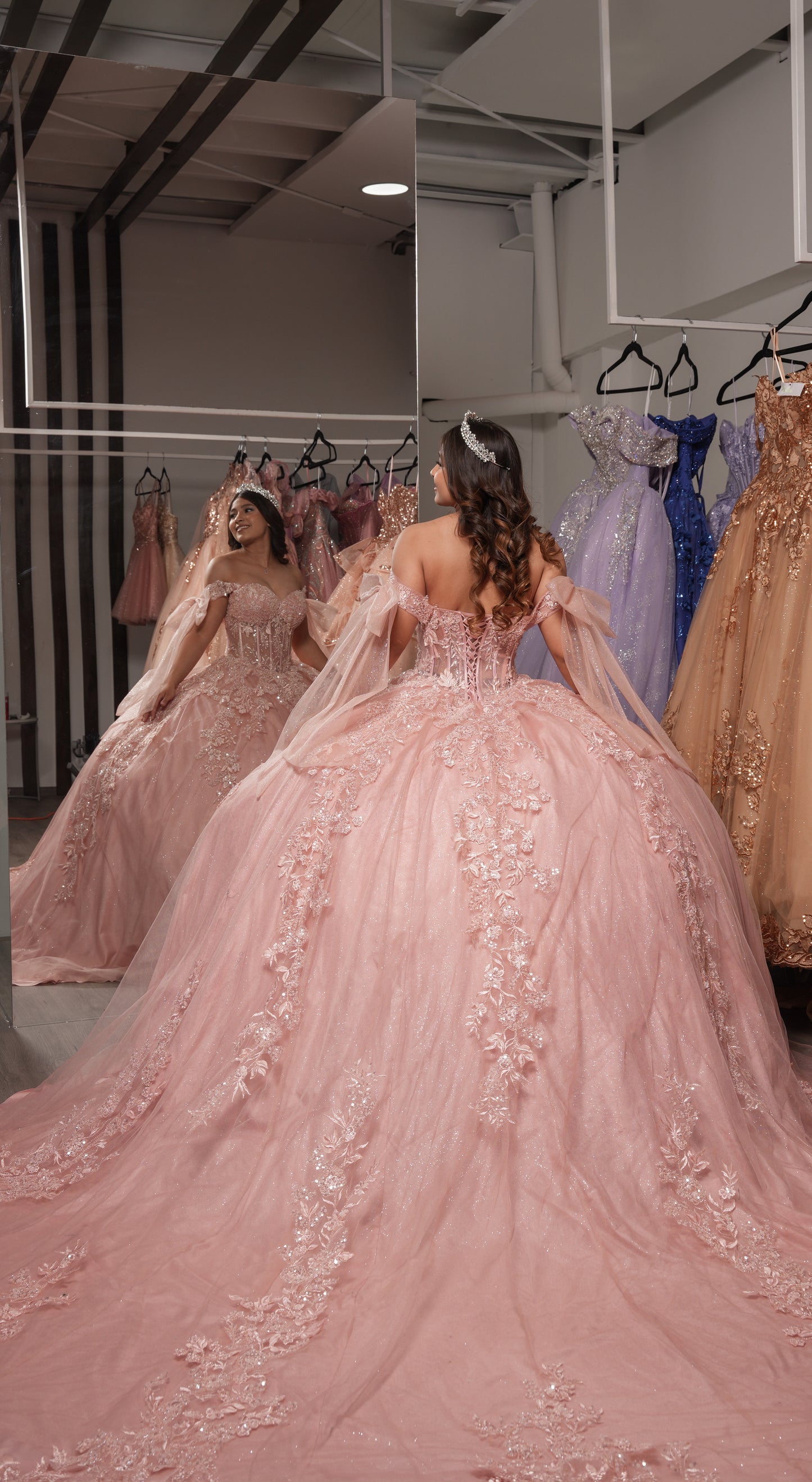 Vestido de XV Años Rosa Mauve Bordado Con Mangas De Moño (Renta)