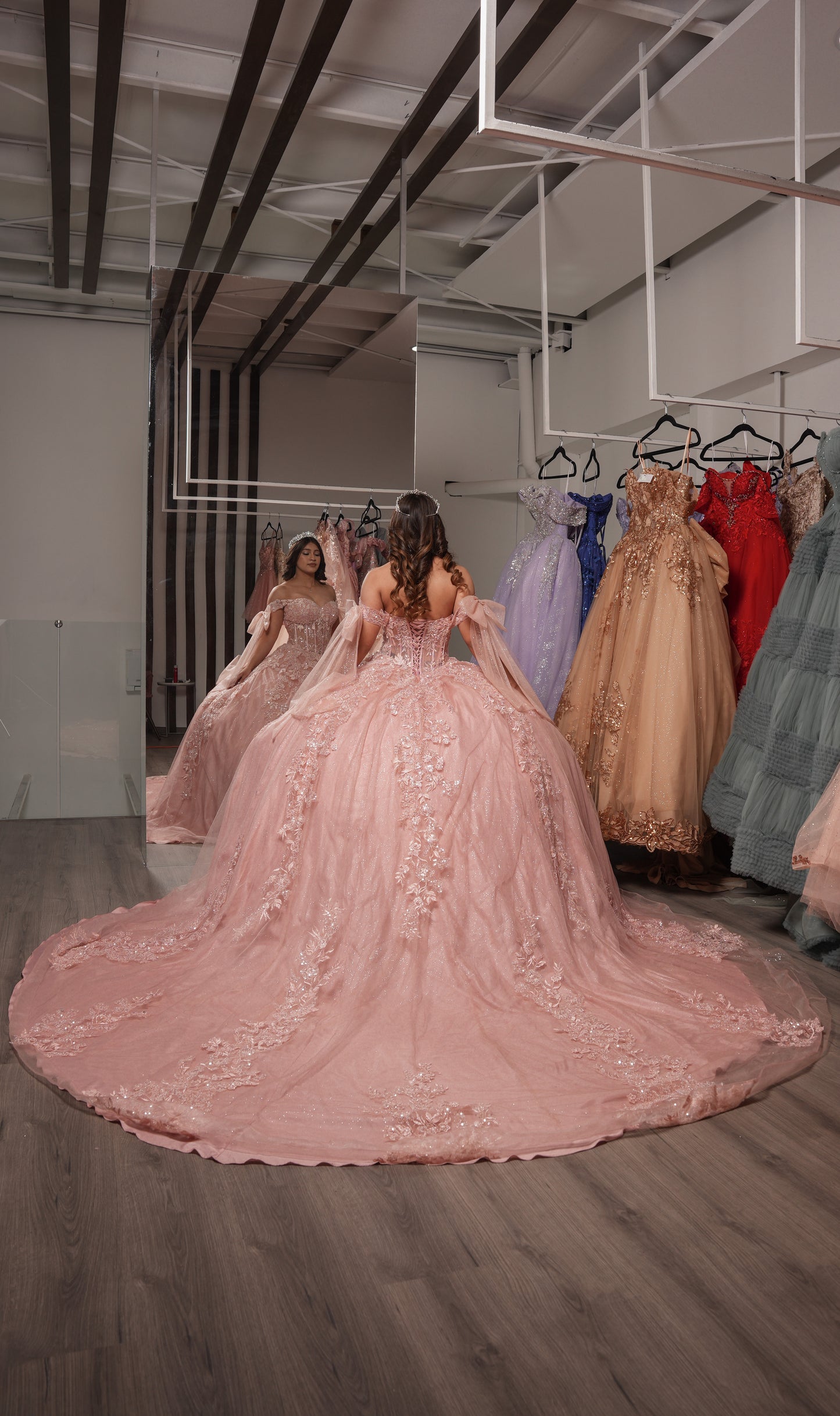 Vestido de XV Años Rosa Mauve Bordado Con Mangas De Moño (Renta)