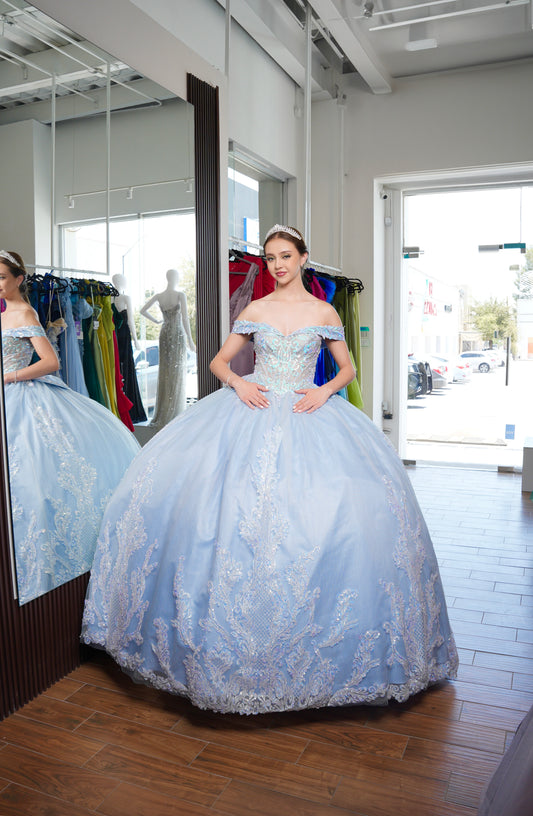 Vestido de XV Años Azul Cielo Glitter Tornasol con Moño