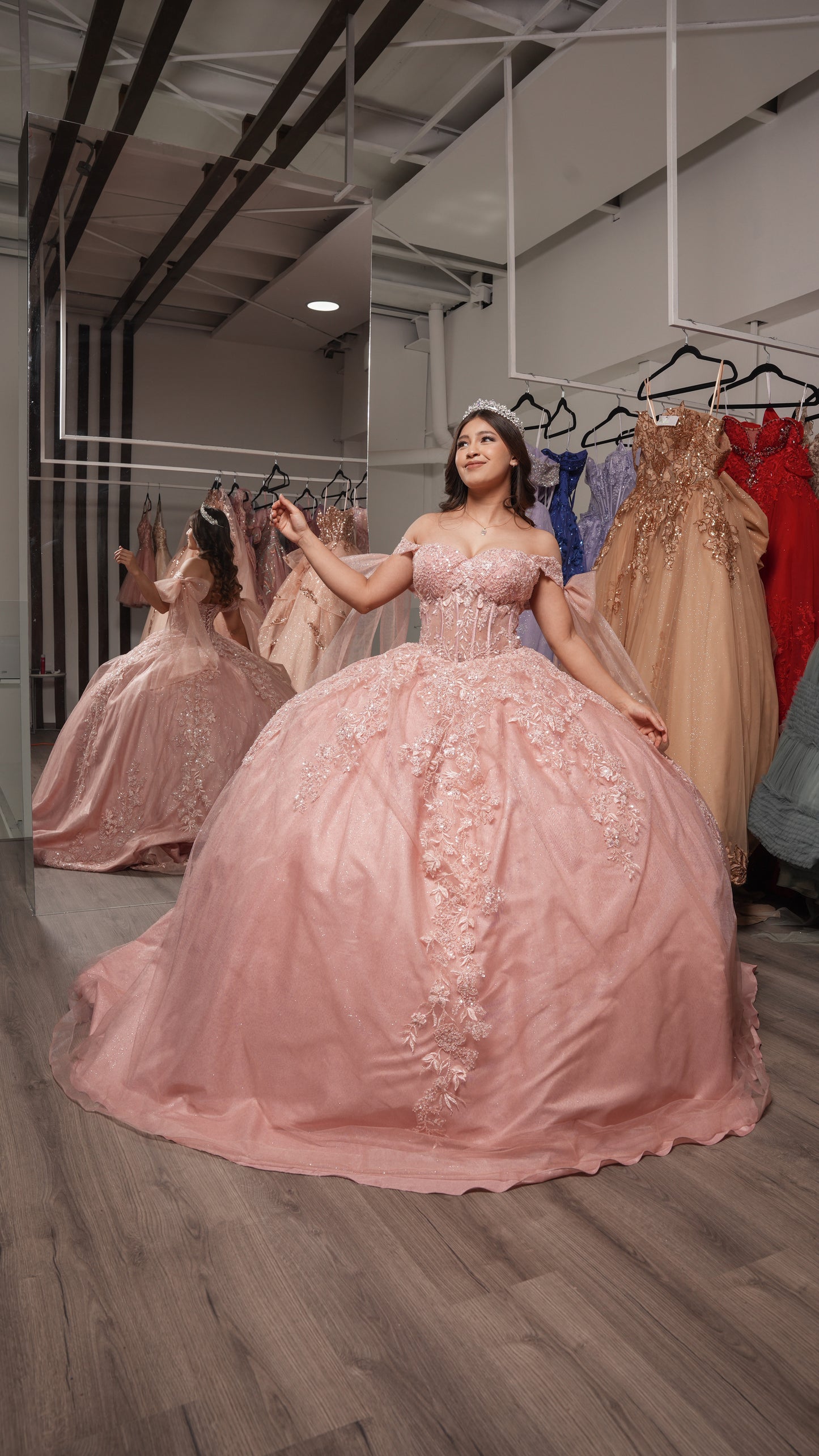 Vestido de XV Años Rosa Mauve Bordado con Mangas de Moño