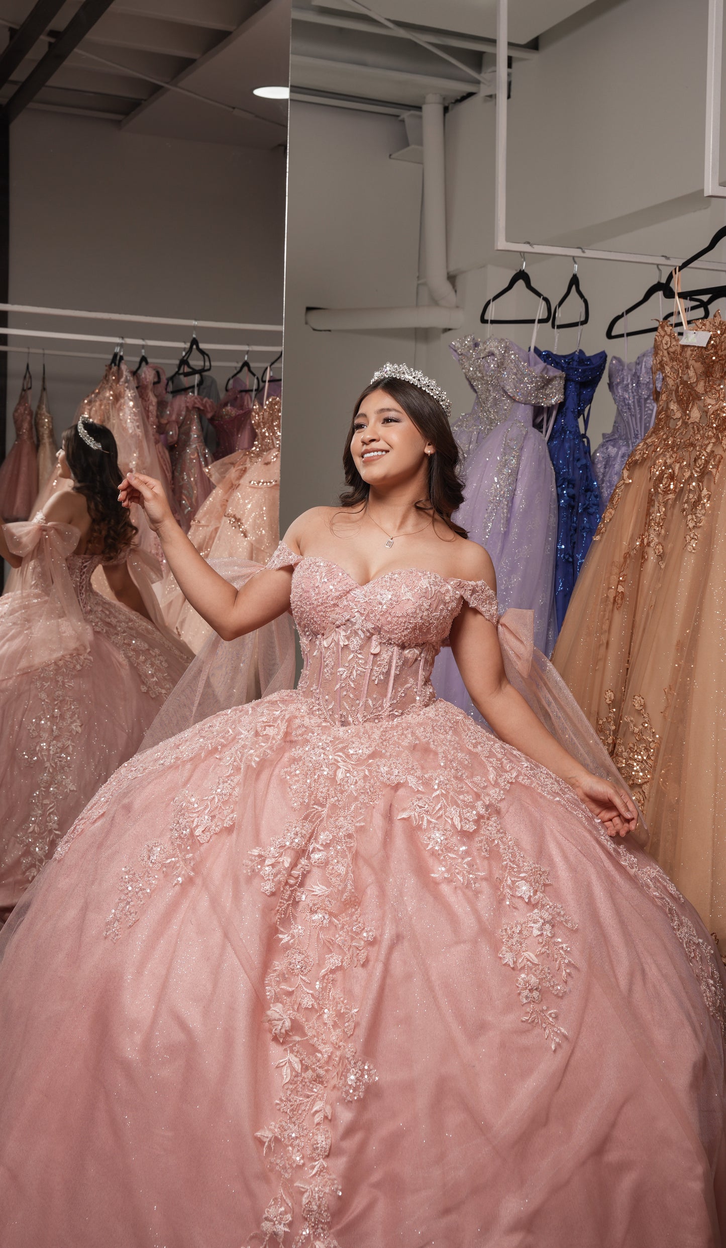 Vestido de XV Años Rosa Mauve Bordado Con Mangas De Moño (Renta)