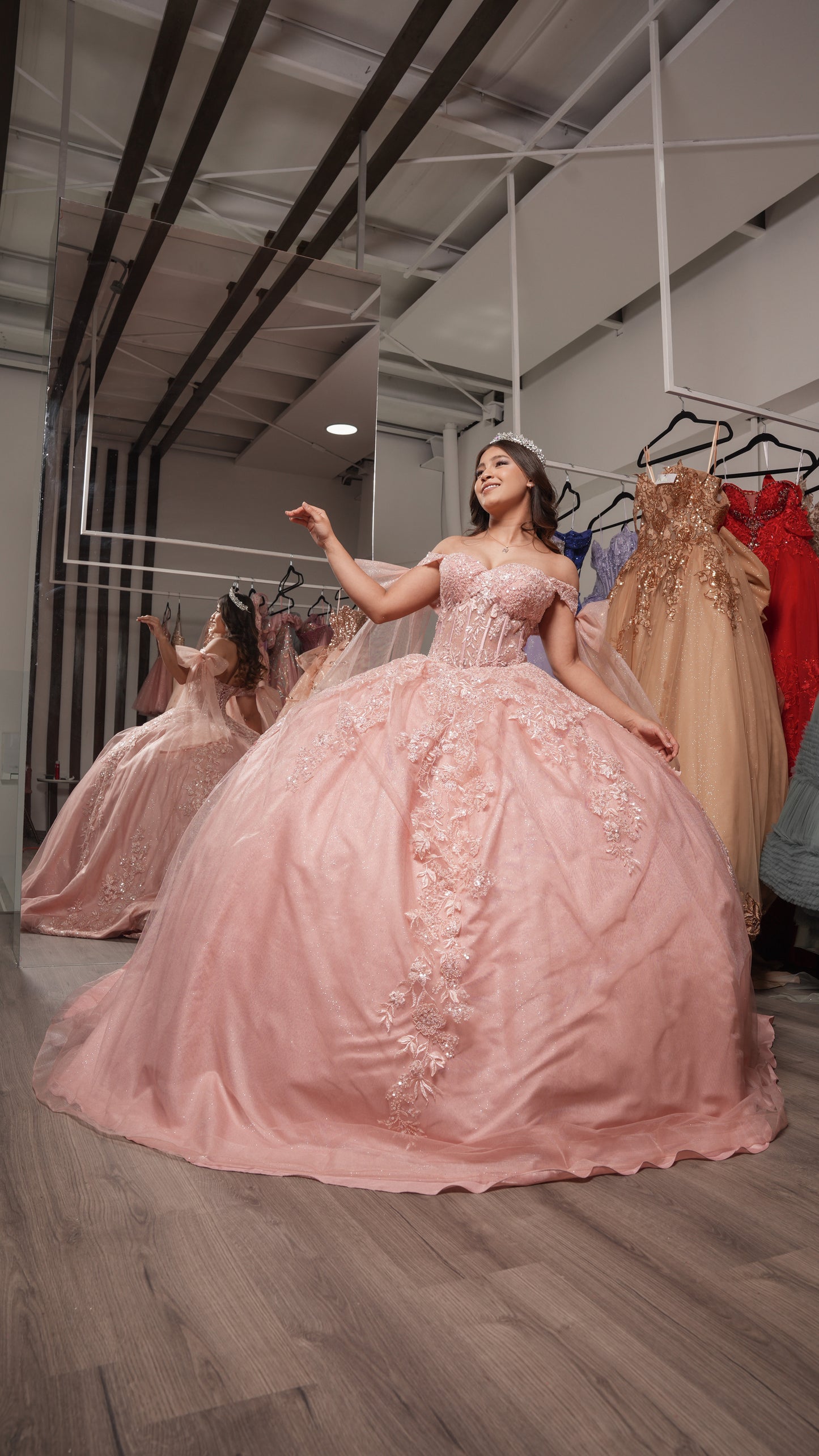 Vestido de XV Años Rosa Mauve Bordado Con Mangas De Moño (Renta)