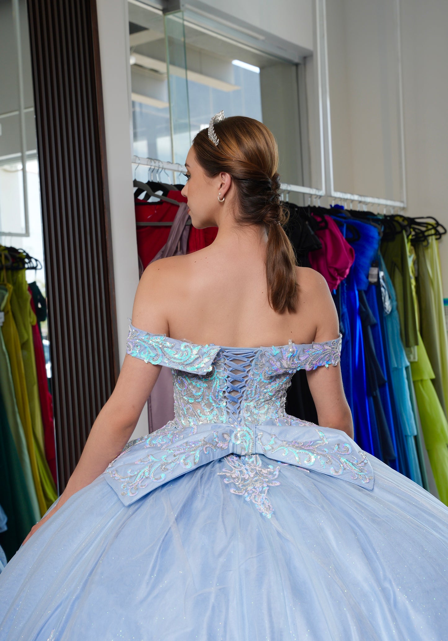 Vestido de XV Años Azul Cielo Glitter Tornasol con Moño