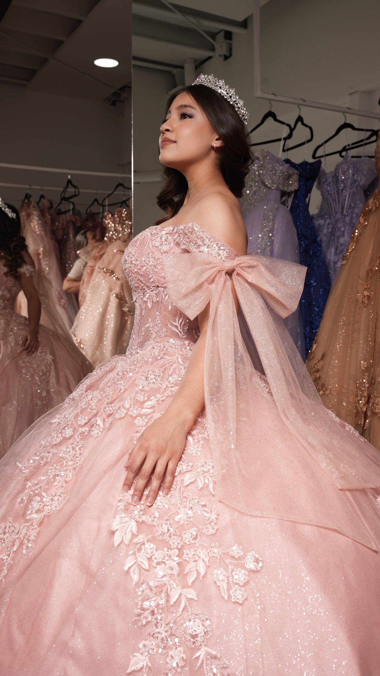 Vestido de XV Años Rosa Mauve Bordado Con Mangas De Moño (Renta)