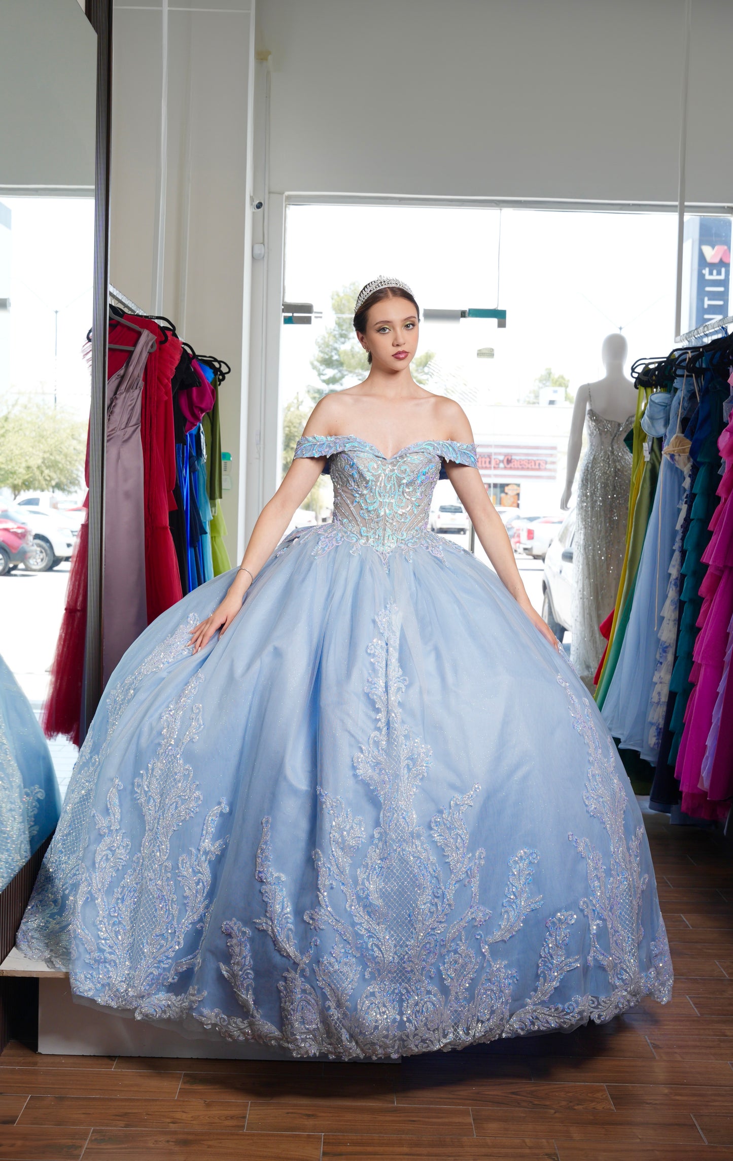 Vestido de XV Años Azul Cielo Glitter Tornasol con Moño