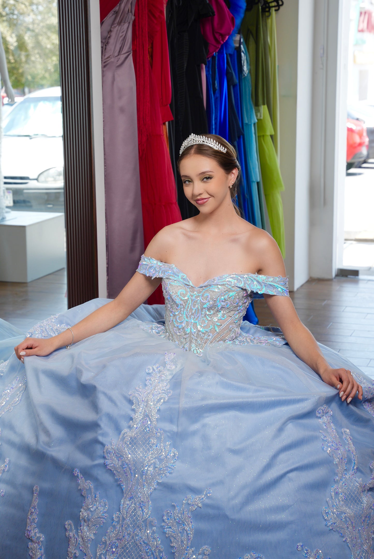 Vestido de XV Años Azul Cielo Glitter Tornasol con Moño
