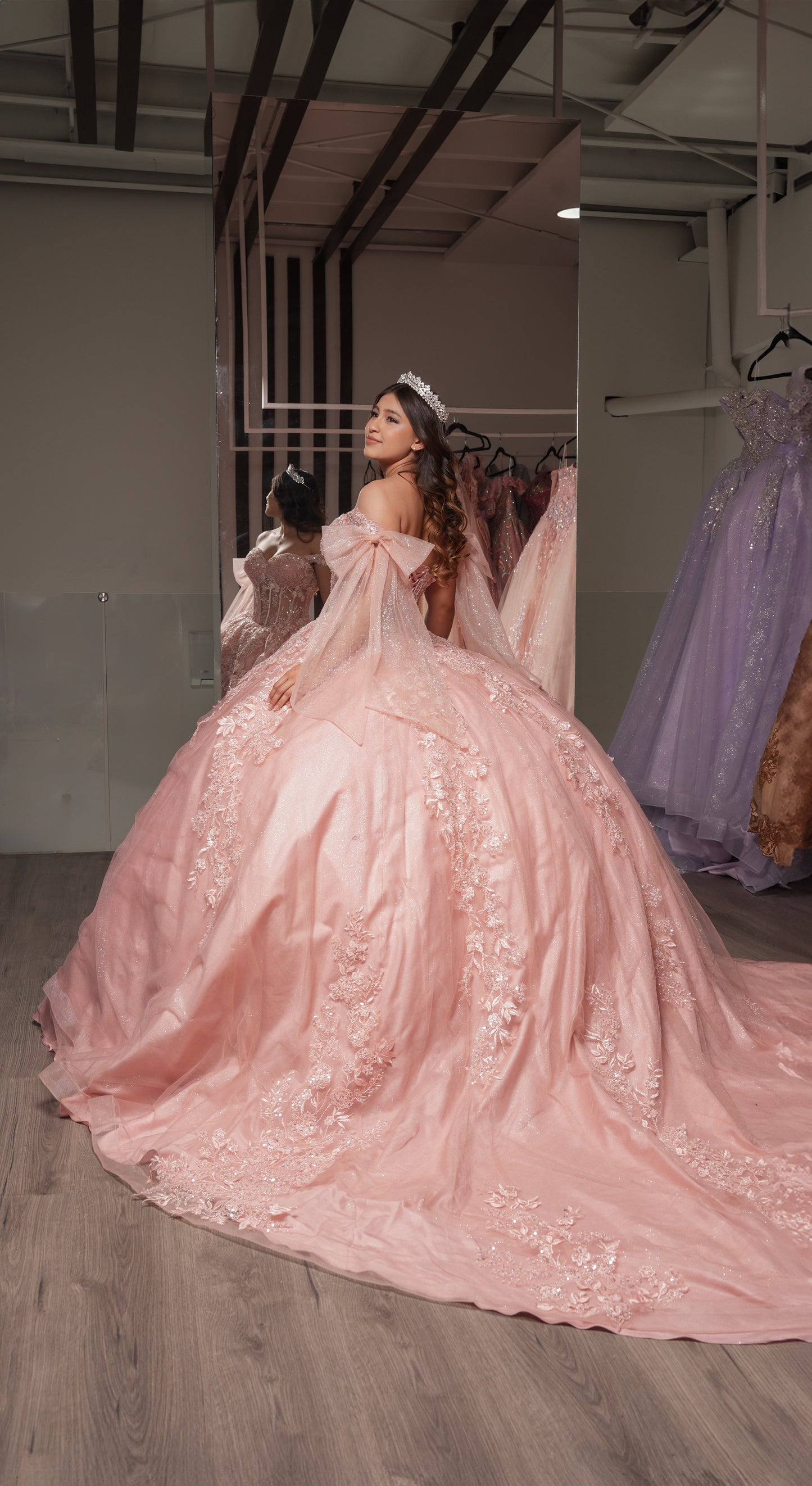 Vestido de XV Años Rosa Mauve Bordado Con Mangas De Moño (Renta)