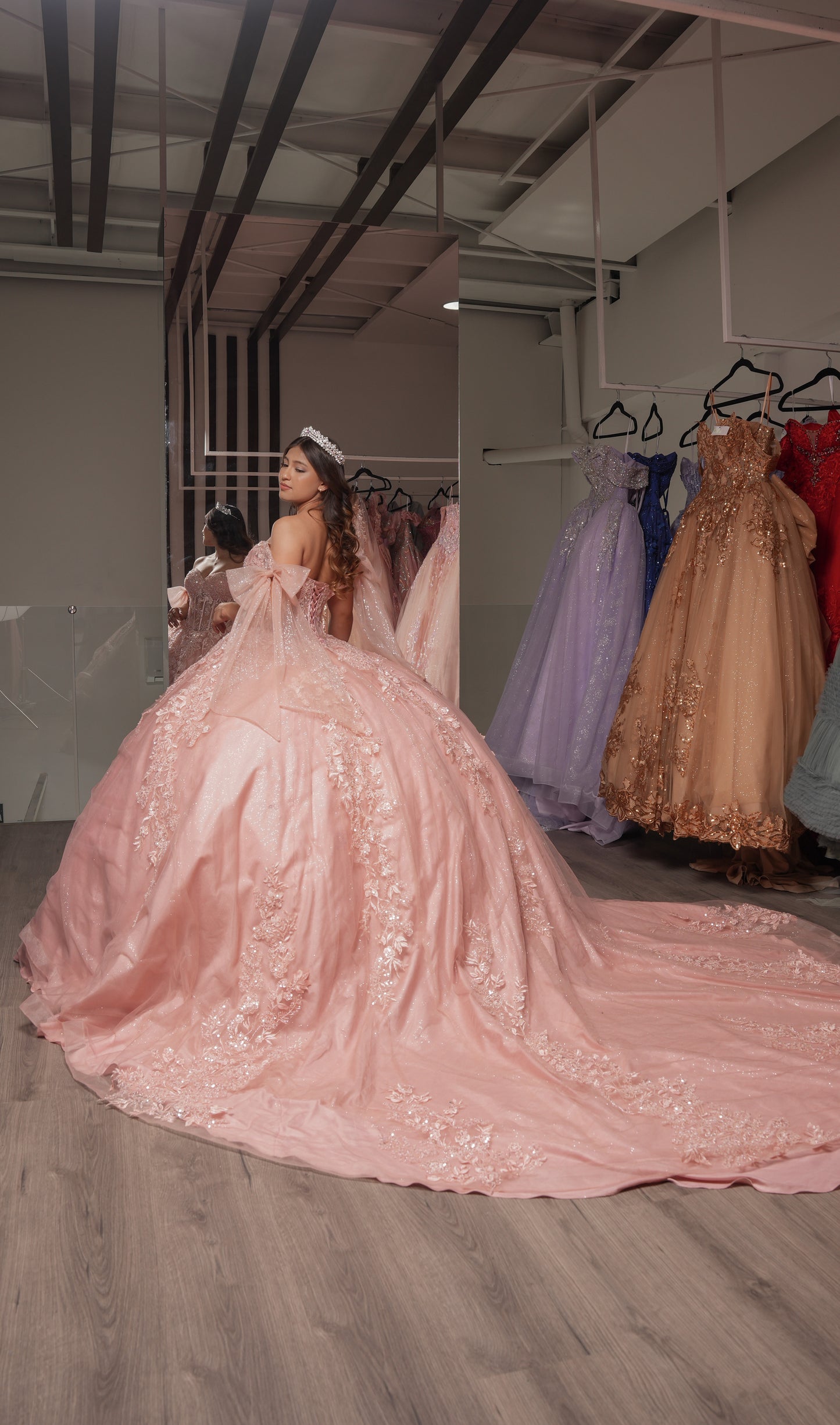 Vestido de XV Años Rosa Mauve Bordado Con Mangas De Moño (Renta)