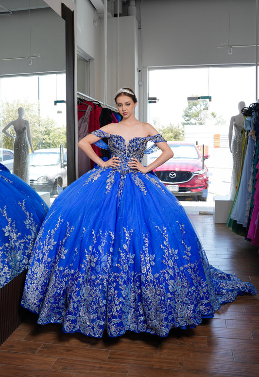 Vestido de XV Años Azul Rey Glitter Plateado y Pedrería Mangas Caídas