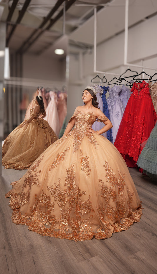 Vestido de XV Años Dorado Pedrería en Pecho y Mangas Caídas (Renta)