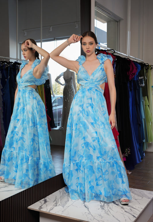 Vestido Azul Floreado Abdomen en Triangulo de Corset