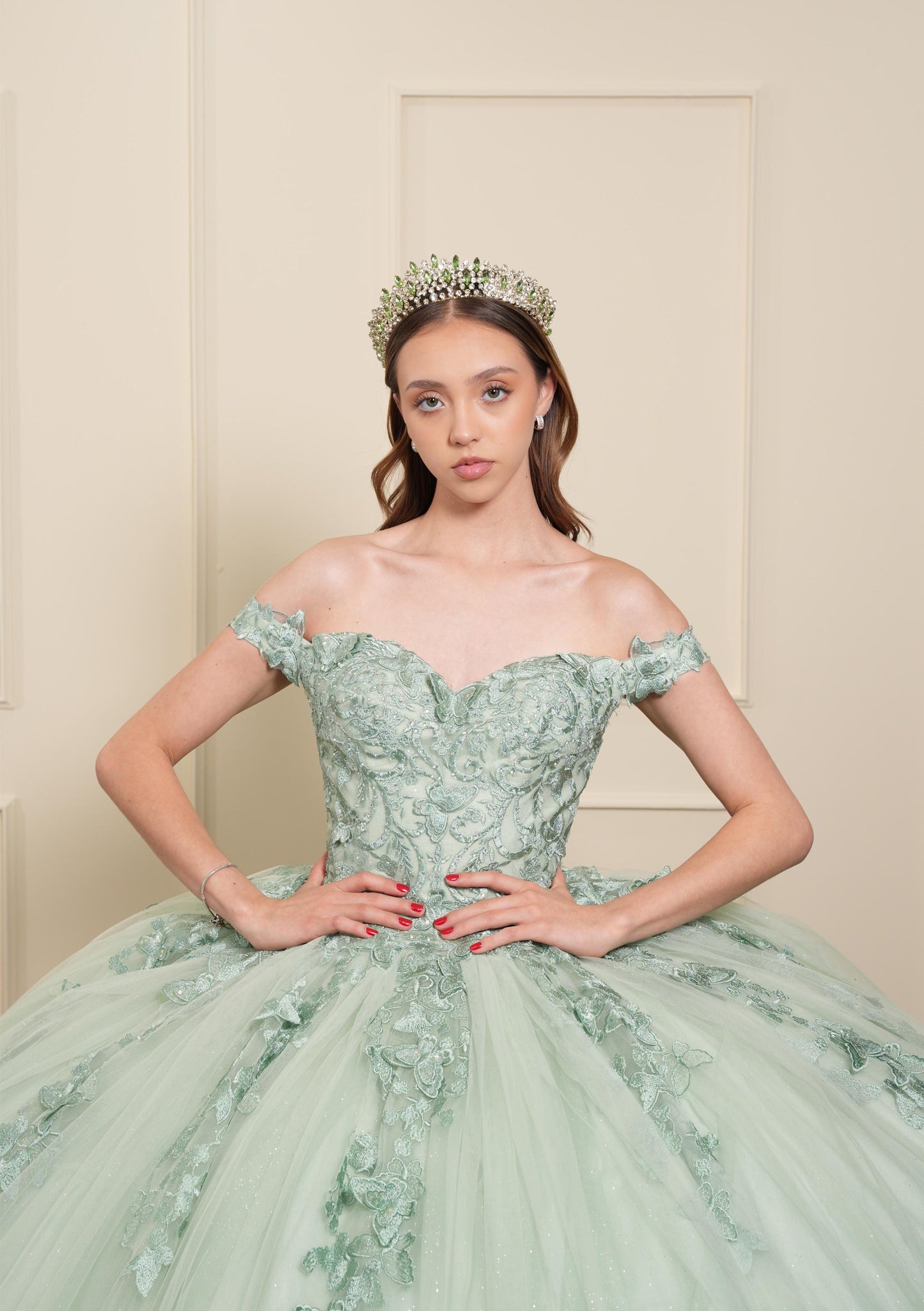 Vestido de XV Años Pistache Bordado Mariposas Mangas Caídas con Velo