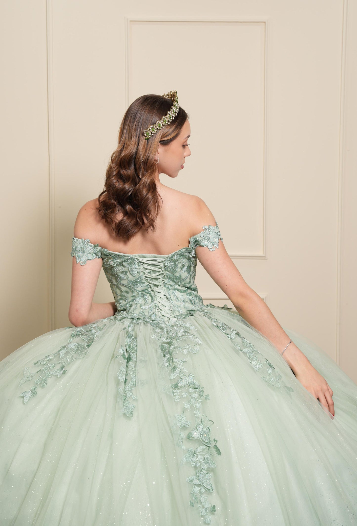 Vestido de XV Años Pistache Bordado Mariposas Mangas Caídas con Velo