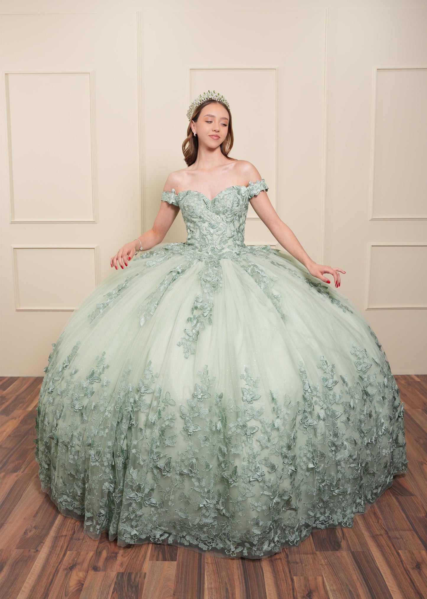 Vestido de XV Años Pistache Bordado Mariposas Mangas Caídas con Velo