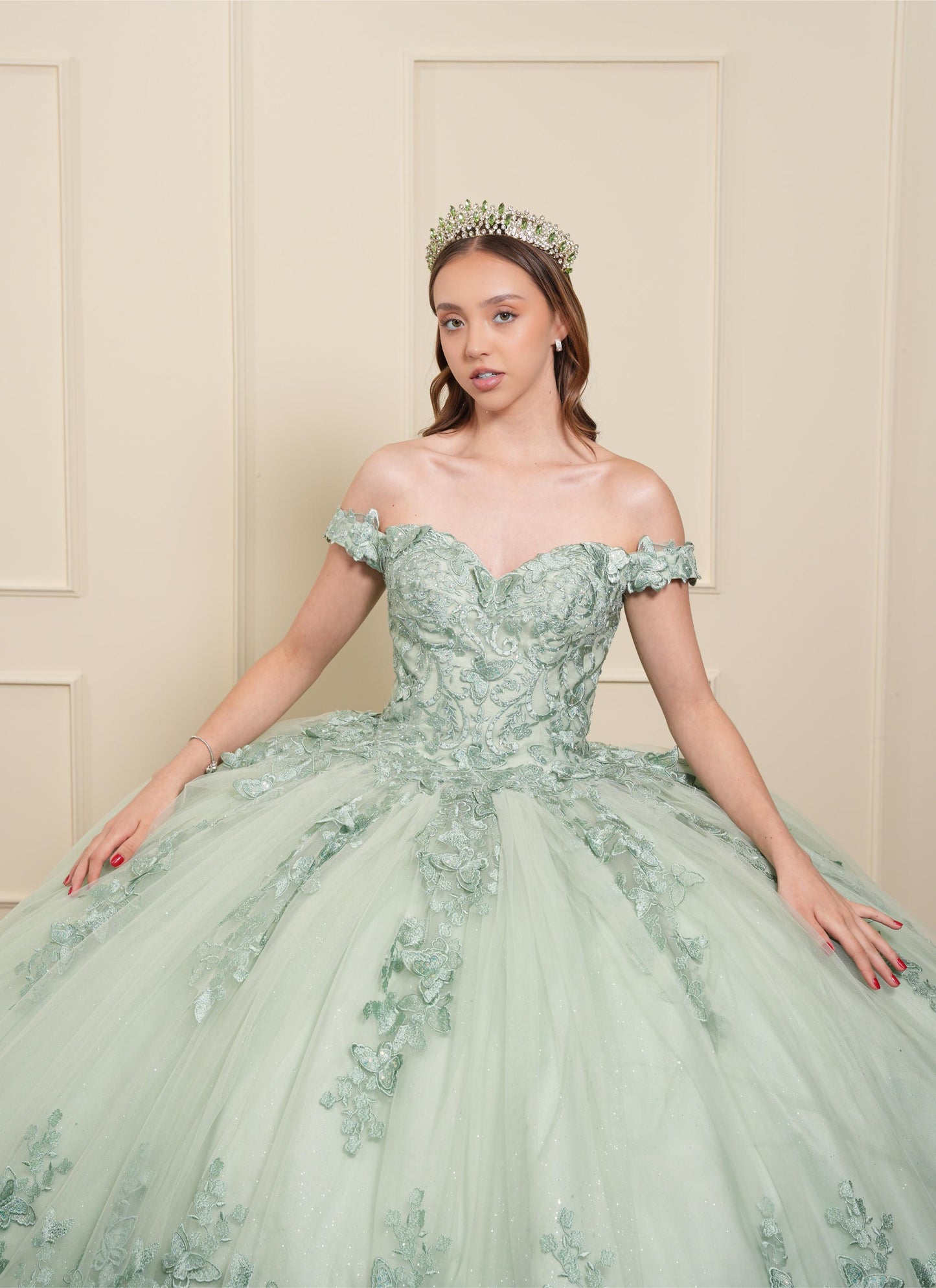 Vestido de XV Años Pistache Bordado Mariposas Mangas Caídas con Velo