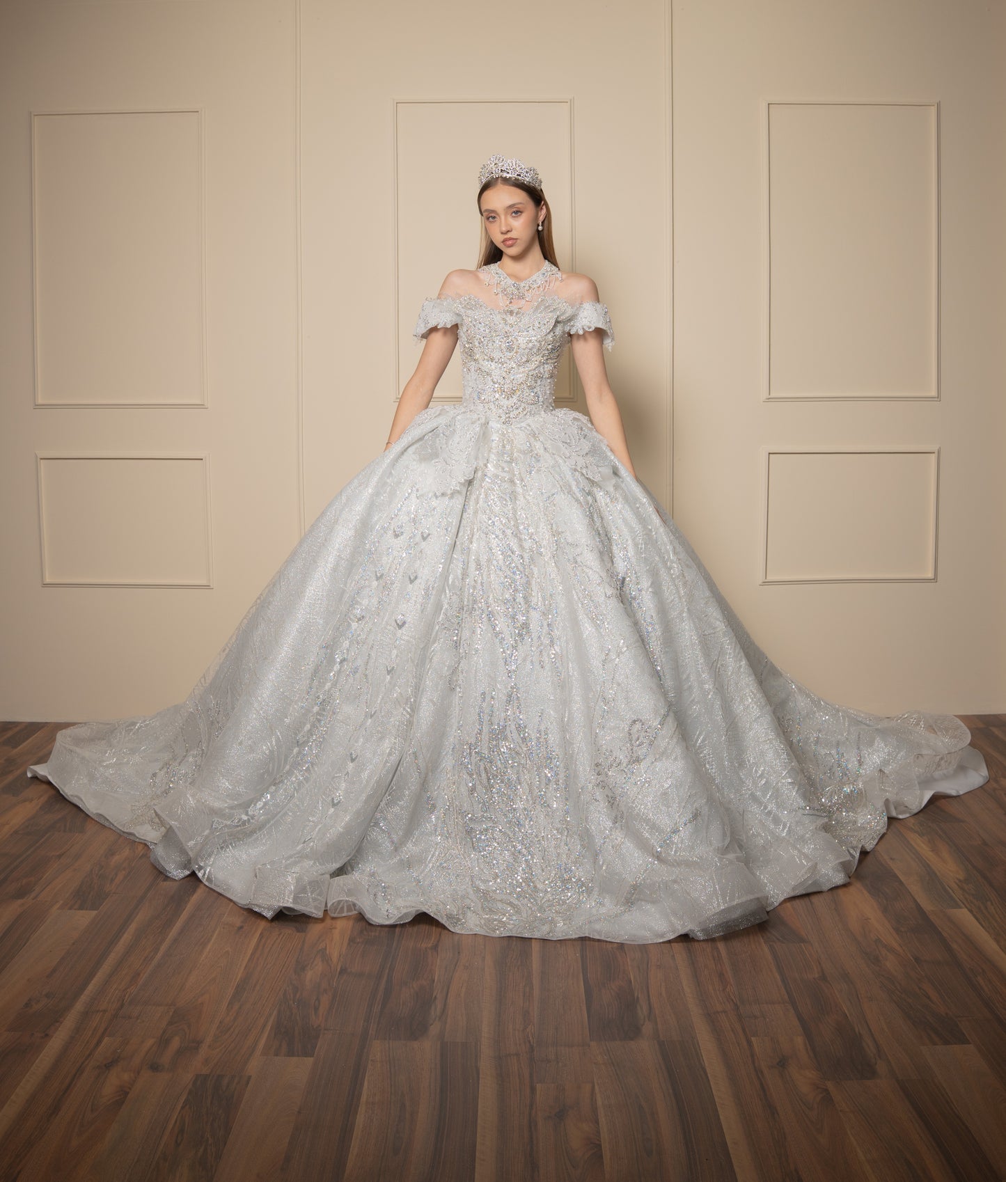 Vestido de XV Años  Vestido Plateado Glitter y Pedrería Manga Caída con Cauda