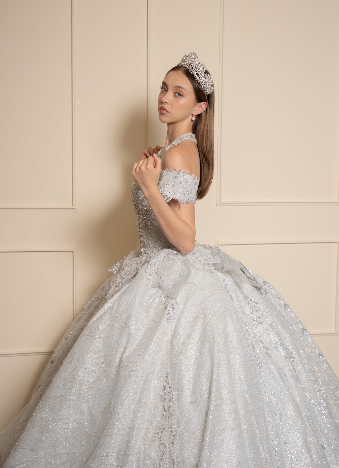 Vestido de XV Años  Vestido Plateado Glitter y Pedrería Manga Caída con Cauda