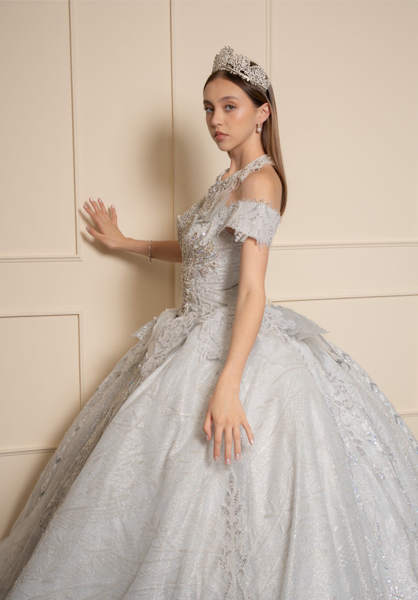 Vestido de XV Años  Vestido Plateado Glitter y Pedrería Manga Caída con Cauda